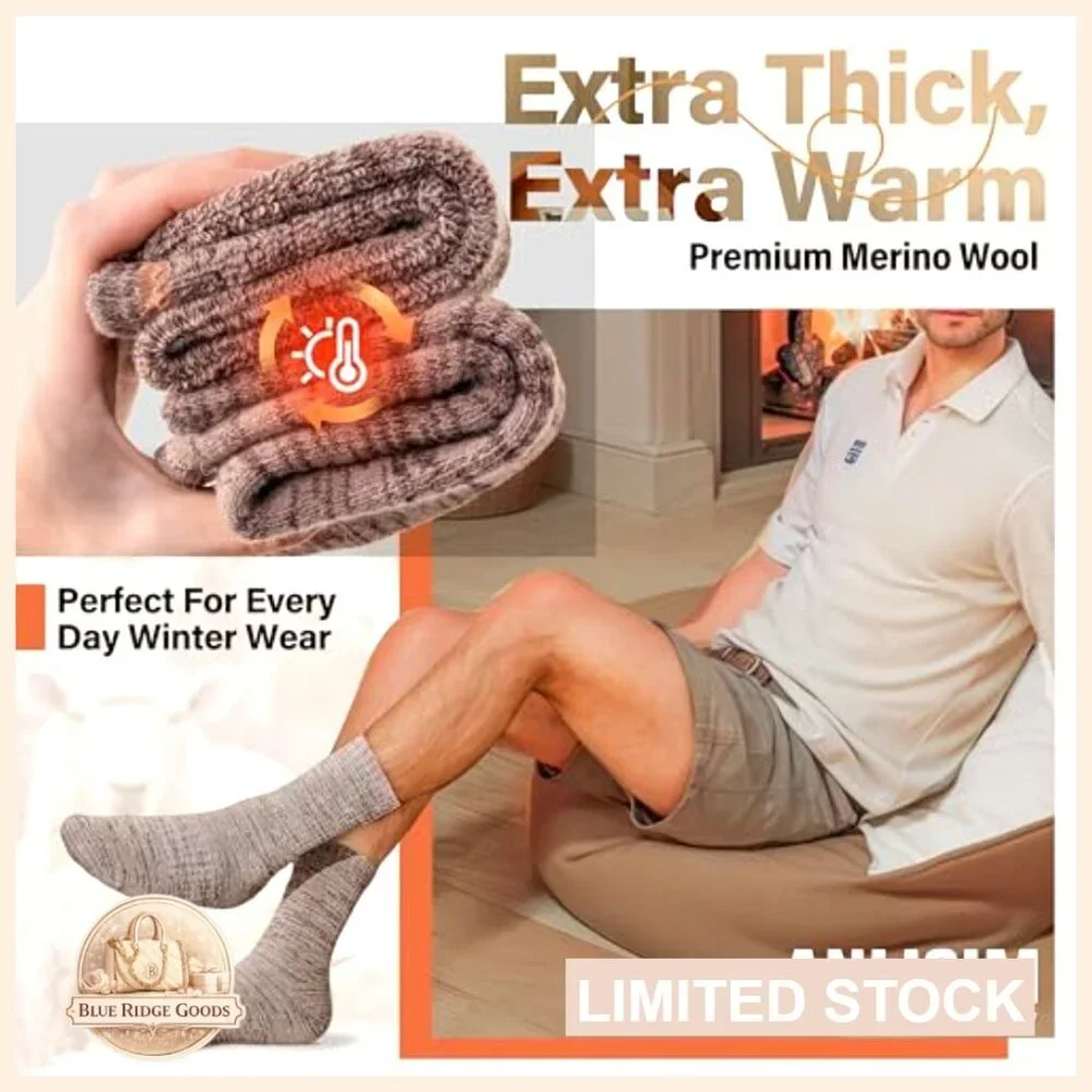 Merino Wool Hiking Socks Thermal Thick Winter Crew Cushioning Work Unisex